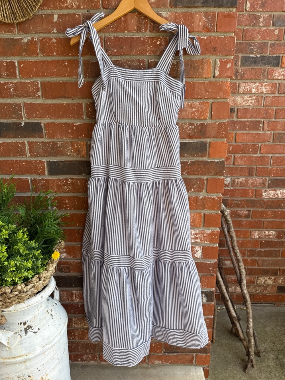 Johnny Becca Striped Tie-Shoulder Midi Dress in White and Blue